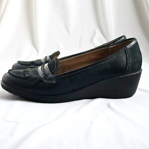 Hotter Leather Loafers Woman 8 Comfort Slip On Made in England Black Wedge Heel